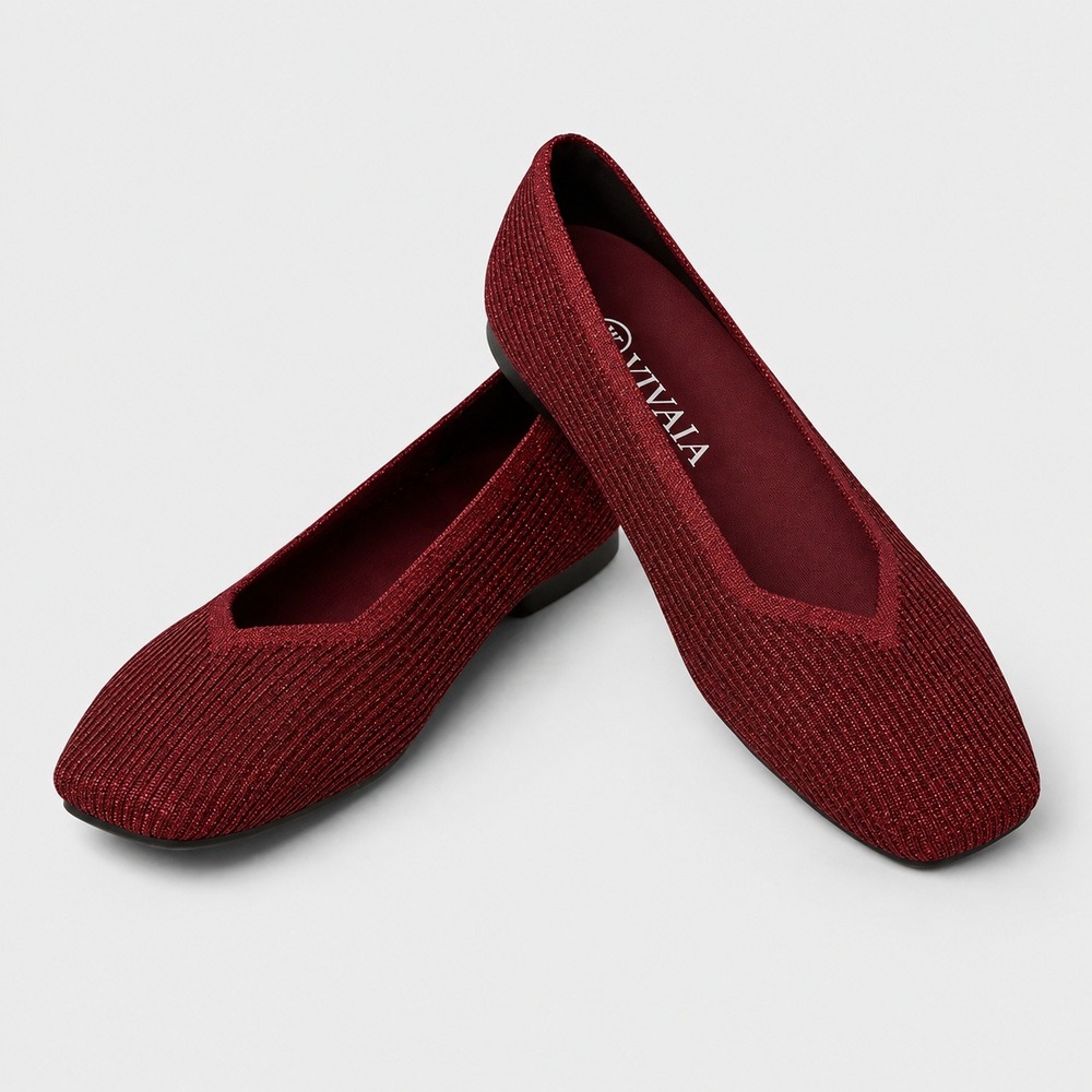 Vivaia Margot 2.0 Sparkle Burgundy Square Toe Knit Flats EU 39 Us 8